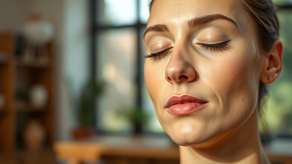 Close-up of a person's face during meditation with eyes closed, serene expression, warm natural lighting, soft focus background of a peaceful indoor space, showing tranquility and concentration