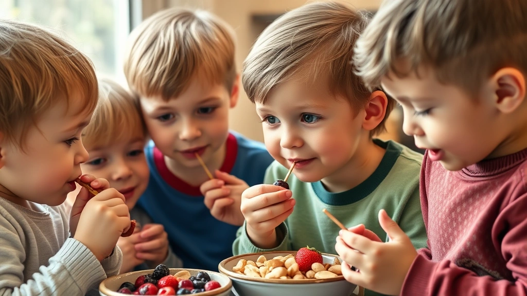 Group of children eating healthy snacks together like berries and nuts, bright natural lighting, focused on food, healthy nutrition for brain development, photorealistic