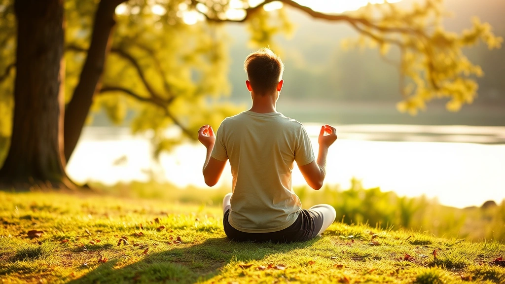 Individual meditating outdoors in natural setting with trees and water visible, demonstrating mindfulness practice in peaceful environment, golden hour lighting