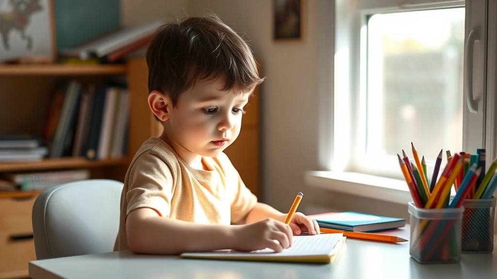 Child sitting at organized desk with minimal visual distractions, focused on schoolwork, natural window light, calm concentrated expression, clean workspace with supplies neatly arranged