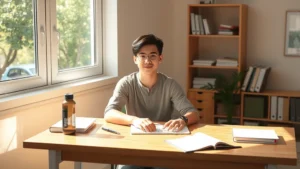 Student sitting at clean wooden desk with minimal items, morning sunlight streaming through large window, focused expression, hands on keyboard, organized notebook and water bottle nearby, photorealistic, bright and calm study environment