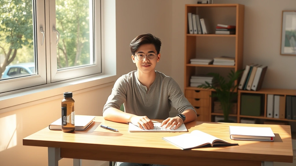 Student sitting at clean wooden desk with minimal items, morning sunlight streaming through large window, focused expression, hands on keyboard, organized notebook and water bottle nearby, photorealistic, bright and calm study environment