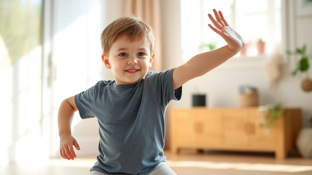 Young child doing physical exercise or stretching indoors, energetic movement, bright natural light, healthy active pose, showing physical activity benefits for focus