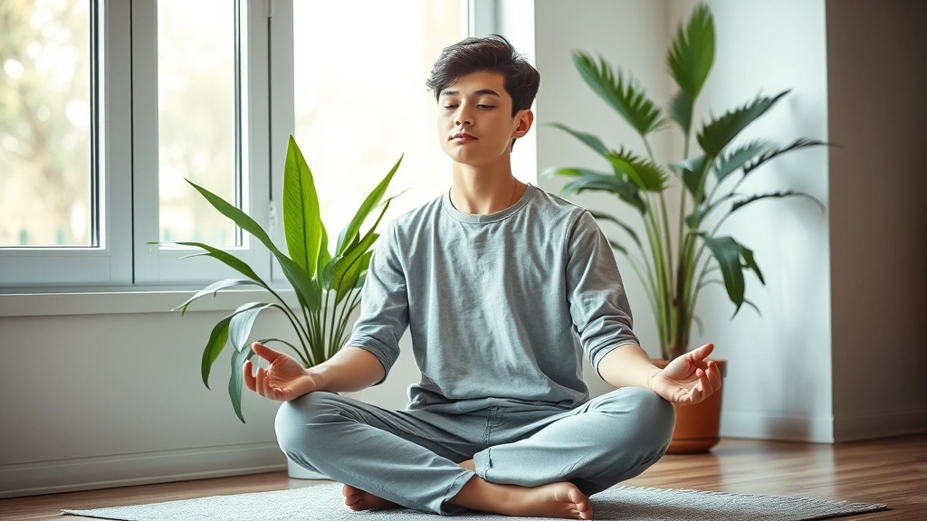 Young person meditating cross-legged by window with natural light, peaceful expression, indoor plant in background, serene and focused atmosphere, photorealistic, calm mental state visualization