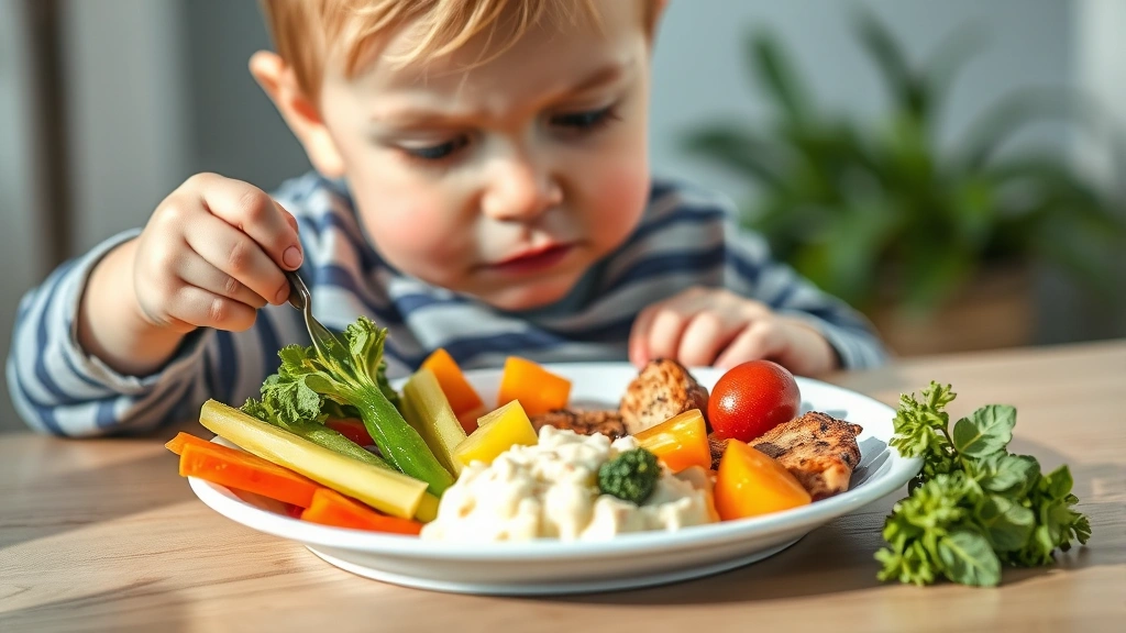 Child eating nutritious meal with vegetables, fruits, and proteins, colorful healthy food on plate, natural lighting, wholesome nutrition for brain development