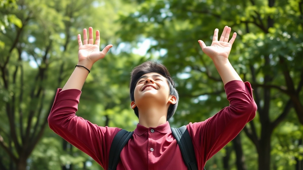 Student taking break outdoors, stretching arms upward, green trees and fresh air, natural daylight, energized and refreshed body language, photorealistic, mental restoration during study break