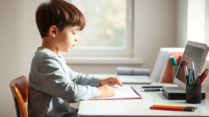 Child sitting at clean, organized desk with natural sunlight streaming through window, focused on homework with relaxed posture, no distractions visible, calm concentrated expression, bright minimalist study space