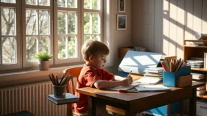 Child sitting at wooden desk near large window with natural sunlight, focused on homework with organized materials, calm peaceful study environment, photorealistic