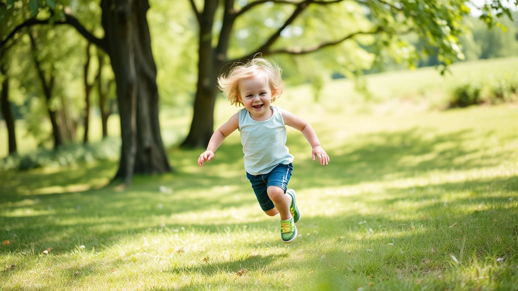 Child playing outdoors in natural green environment, running or jumping with joyful energy, trees and grass visible, active movement, natural daylight, healthy physical activity, engaged and happy