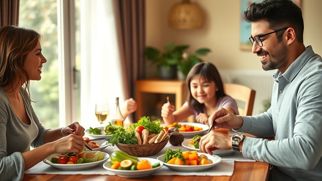 Family eating nutritious meal together at dining table with fresh vegetables and proteins visible, engaged and present moment, warm natural lighting, photorealistic