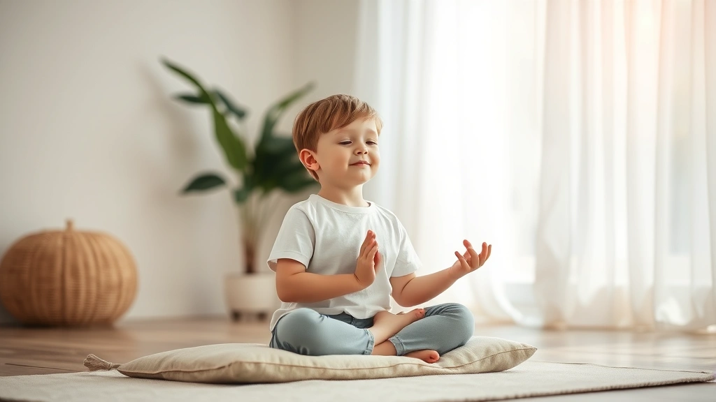 Young child meditating or practicing mindfulness indoors, sitting peacefully on cushion, calm serene environment, soft natural lighting, relaxed posture, mindful concentration, peaceful expression