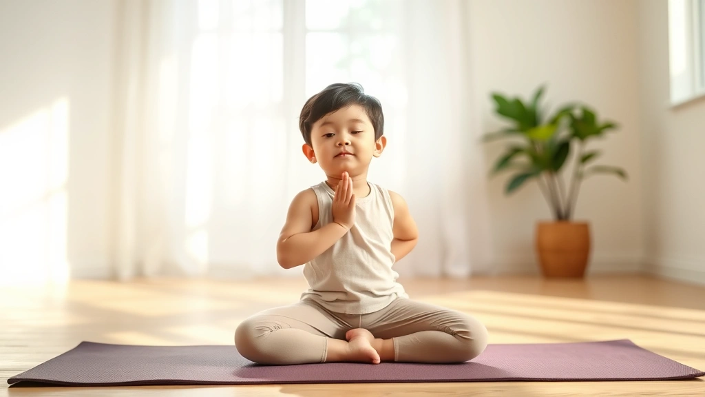 Child practicing yoga or meditation pose on yoga mat in bright room, peaceful expression, focused and calm, natural light streaming through window, photorealistic