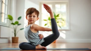 Child doing yoga pose in bright, peaceful studio with natural light streaming through windows, focused facial expression, green plant in background, wooden floor, calm and centered posture