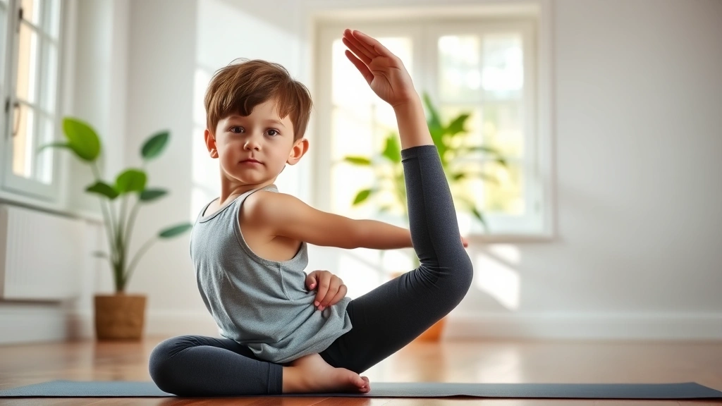 Child doing yoga pose in bright, peaceful studio with natural light streaming through windows, focused facial expression, green plant in background, wooden floor, calm and centered posture