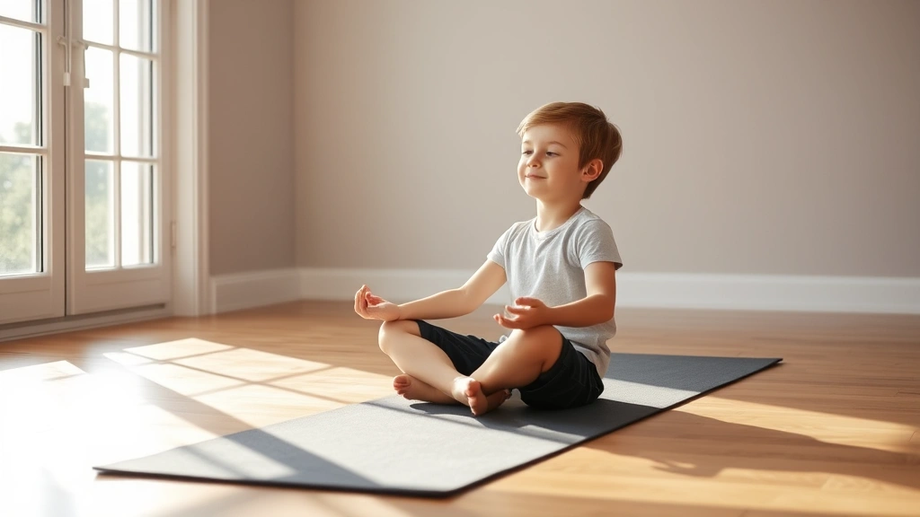 Child sitting cross-legged in peaceful meditative pose on yoga mat in sunlit room, eyes gently closed, calm expression, natural lighting through windows, minimalist background