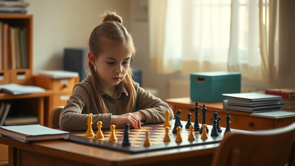 Young girl concentrating on chess board game in quiet study space, warm lighting, organized desk with minimal clutter, determined expression, wooden furniture, soft focus background