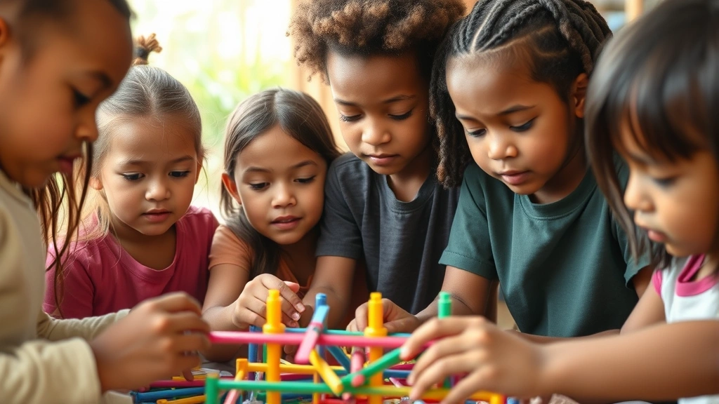 Group of diverse children engaged in focused creative activity building colorful structures together, concentrated expressions, natural daylight, hands actively engaged with materials