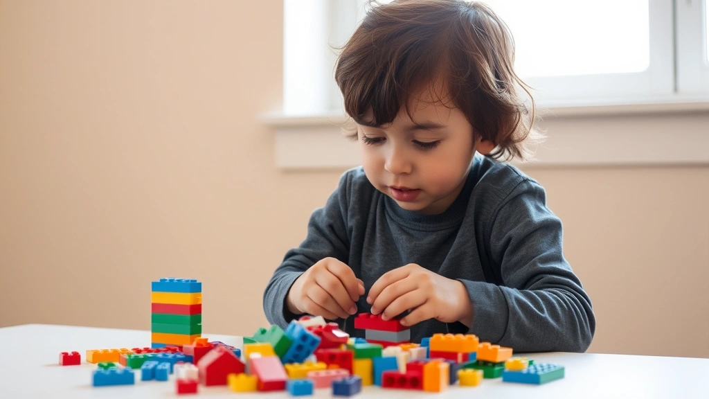 Child engaged in building with colorful LEGO blocks, concentrated expression, natural window light, neutral background, hands actively assembling pieces, clean workspace