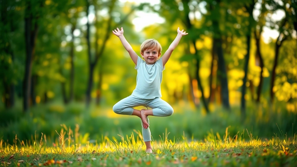 Child outdoors in natural green environment standing on one leg in yoga tree pose, balanced, peaceful expression, surrounded by blurred trees and grass, golden hour lighting