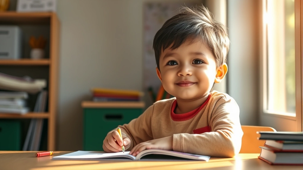 Child sitting at desk with peaceful expression, natural light streaming through window, organized study materials visible, calm focused demeanor, photorealistic
