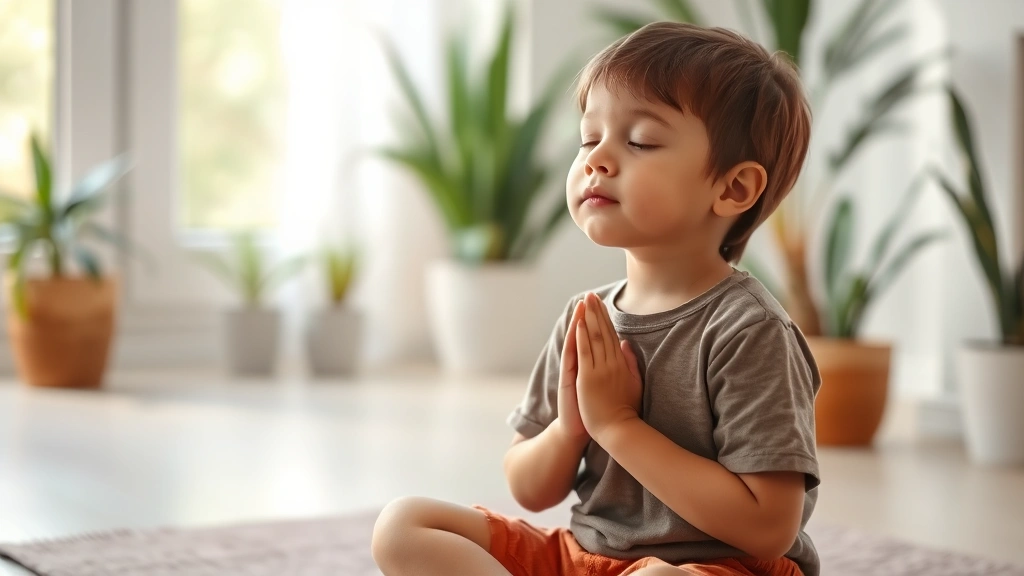 Child doing breathing exercise or mindfulness practice in a comfortable space, sitting peacefully with eyes gently closed, serene indoor environment with plants, soft natural light