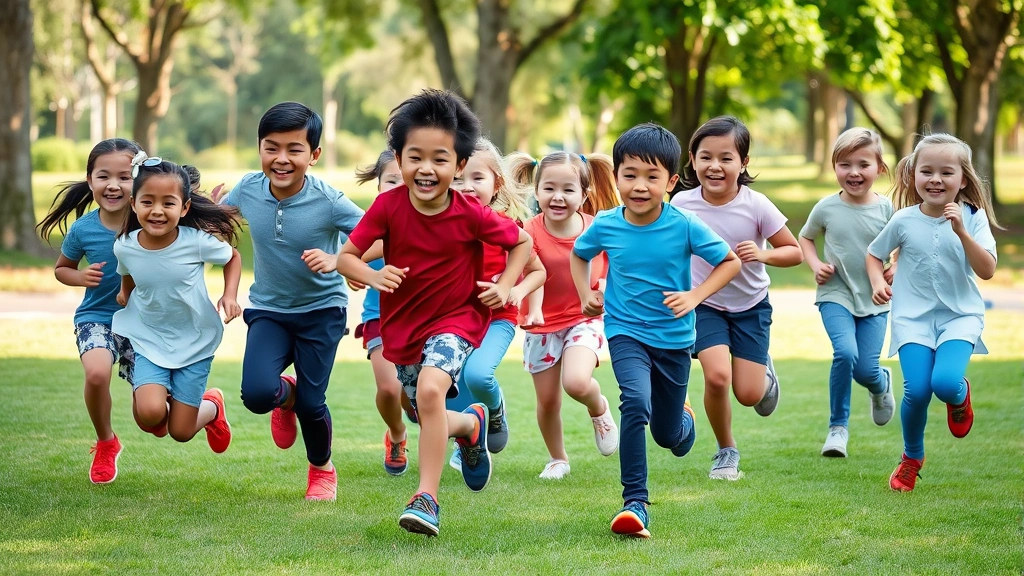 Group of diverse children engaged in outdoor physical activity running together in park, natural green setting, joyful movement, bright daylight, photorealistic