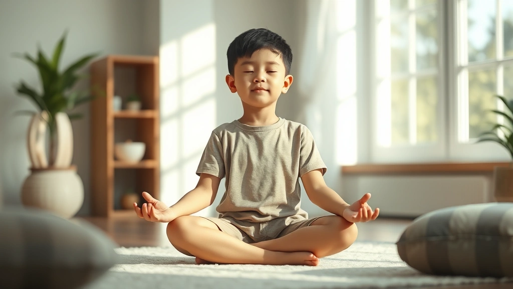 Child practicing mindfulness meditation in comfortable sitting position, serene indoor space with soft natural lighting, calm expression, peaceful environment, photorealistic