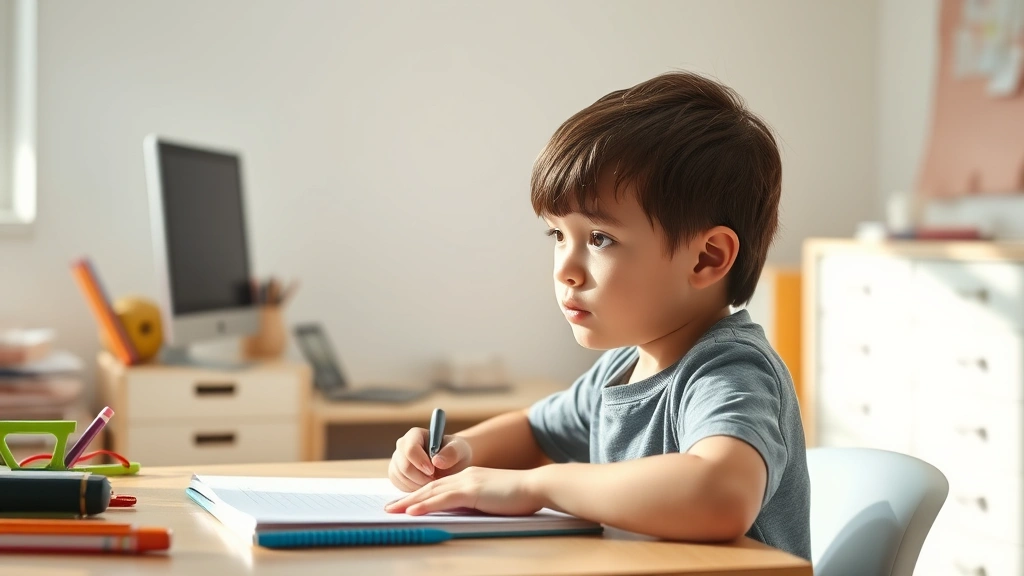 Child sitting at organized desk with natural light, focused on schoolwork, calm expression, minimalist room background, no visible screens or text