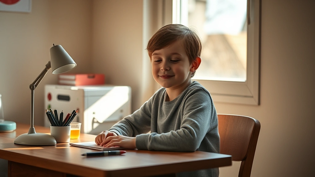 Child sitting peacefully at a desk with natural sunlight streaming through a window, surrounded by minimal desk items, demonstrating focused concentration with calm facial expression, wooden desk, soft warm lighting, serene workspace environment