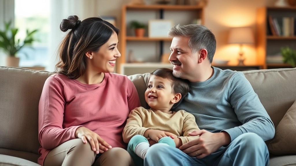 Parent and child sitting together on a comfortable couch having a genuine conversation, warm lighting, both appear relaxed and engaged, natural emotional connection, cozy home setting