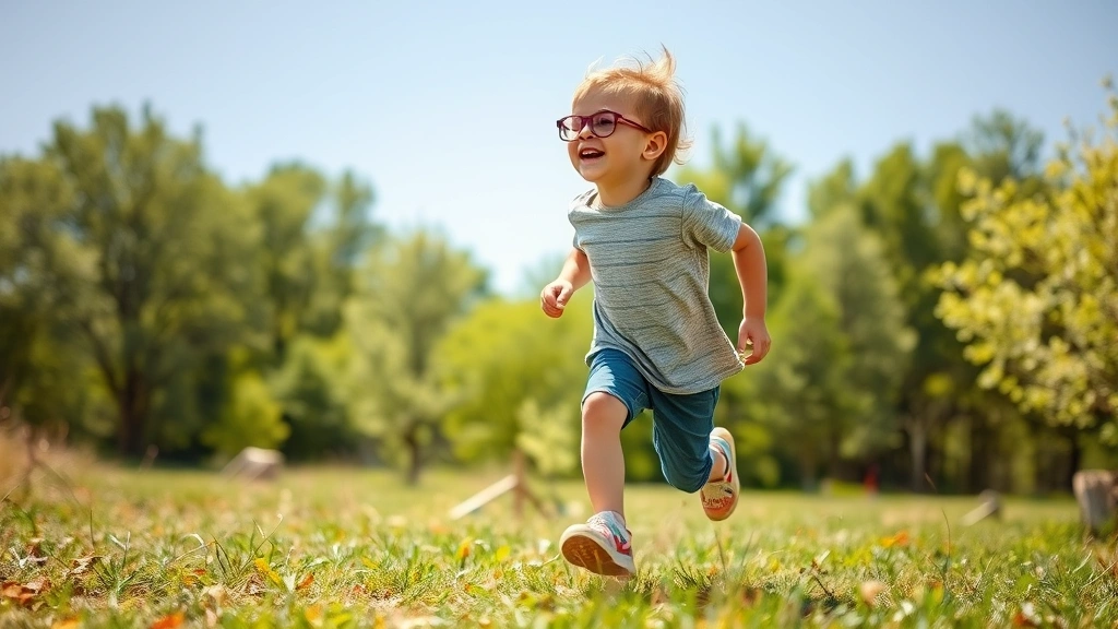 Young child doing outdoor physical activity like running or playing in nature, bright daylight, energetic movement, green trees or grass visible, healthy vitality