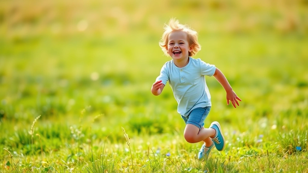 Young child engaged in outdoor physical activity, laughing while running through a grassy field on a sunny day, demonstrating joy, movement, and natural mental wellness