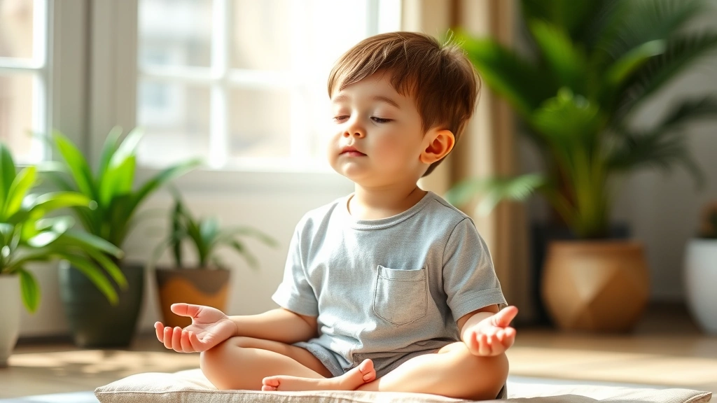 Child doing breathing exercises or mindfulness meditation in a comfortable seated position on a cushion, eyes gently closed, hands resting peacefully, natural light background, peaceful indoor setting with green plants visible, demonstrating mental calm and focus