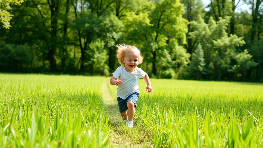 Young child outdoors in nature, running through a green field with trees in background, joyful movement, natural sunlight, healthy physical activity, peaceful natural landscape