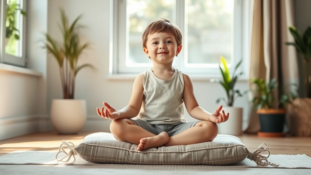 Child in peaceful meditation pose on cushion, soft natural light through window, serene expression, indoor space with plants, completely relaxed posture