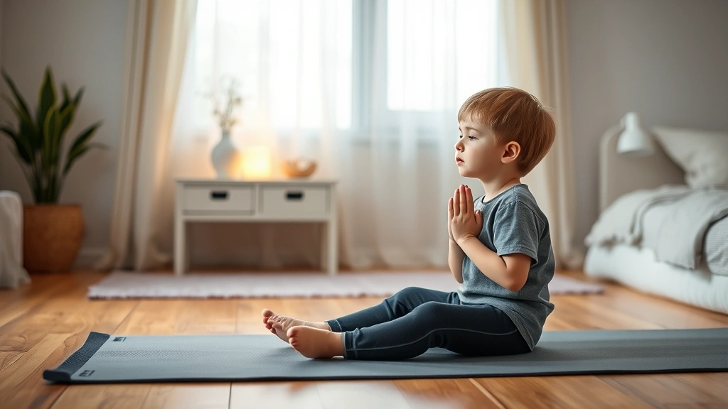 Child practicing mindfulness or breathing exercises on a yoga mat in a serene bedroom environment, with soft lighting and minimalist decor, showing peaceful concentration and emotional regulation