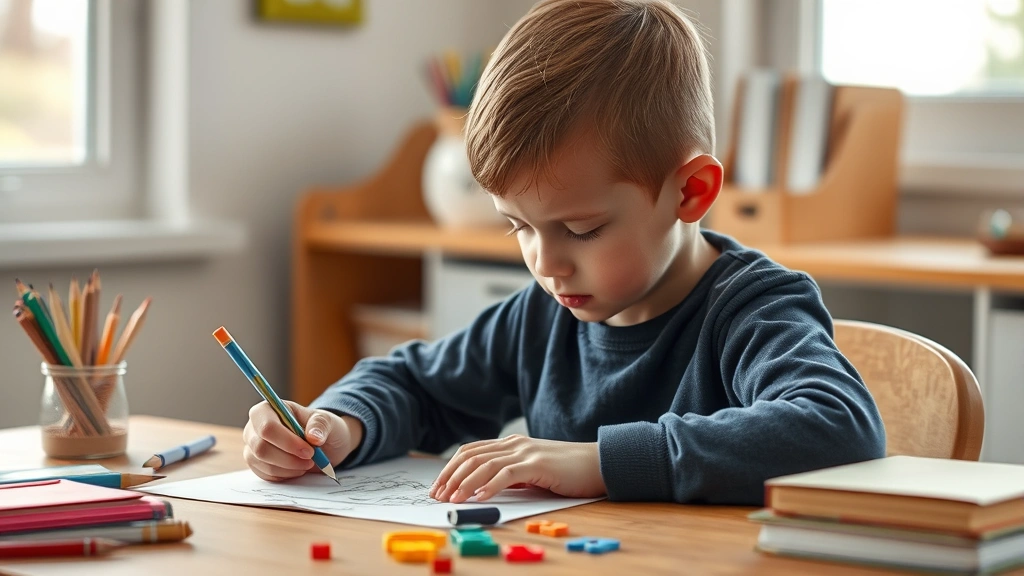 Child engaged in a focused activity like drawing, reading, or puzzle-solving with complete concentration, sitting at a clean organized desk, natural lighting, showing deep engagement and mental presence without any digital devices nearby