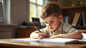 Child sitting at desk concentrating intensely on schoolwork with natural light from window, showing deep focus and determination on face, warm lighting, peaceful study environment
