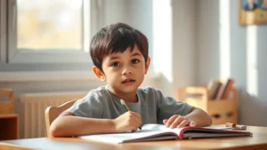 Young child sitting at desk with focused expression, pencil in hand, surrounded by soft natural light from window, peaceful study environment, no text visible, photorealistic
