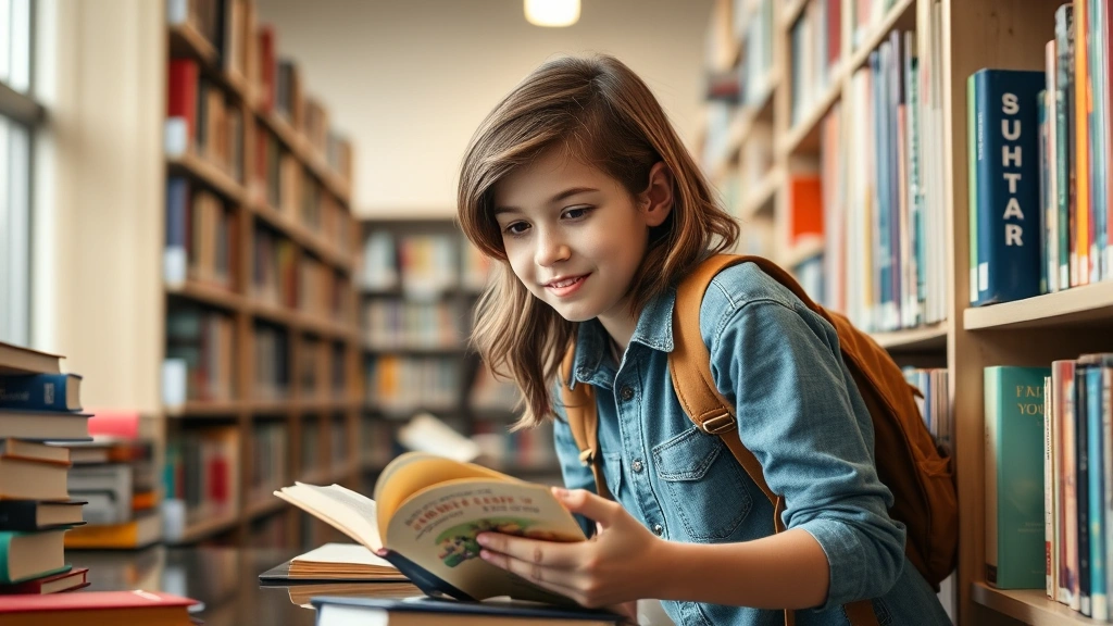 Young student in library surrounded by books, leaning forward with engaged expression while reading, showing active learning and concentration, natural indoor lighting