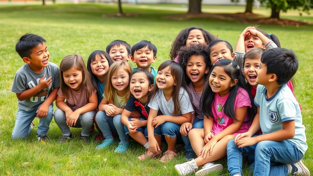 Group of diverse elementary school children laughing together outdoors on grass, genuine joy and connection, natural daylight, no visible text or signage