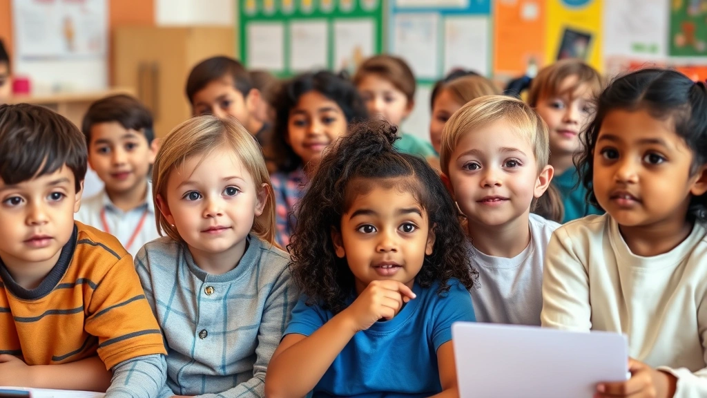 Diverse group of children in classroom looking engaged and motivated during lesson, showing positive emotional states supporting focus and attention, warm classroom environment