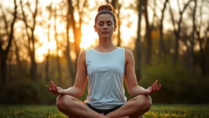 Person sitting in peaceful meditation posture outdoors during golden hour, soft natural lighting filtering through trees, serene facial expression, surrounded by nature, calm and focused demeanor