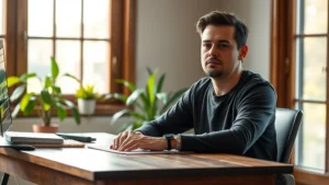 Person sitting at wooden desk near large window with natural light, hands resting on desk surface, calm focused expression, morning sunlight streaming across workspace, plants visible in background, minimal desk items, peaceful concentration atmosphere