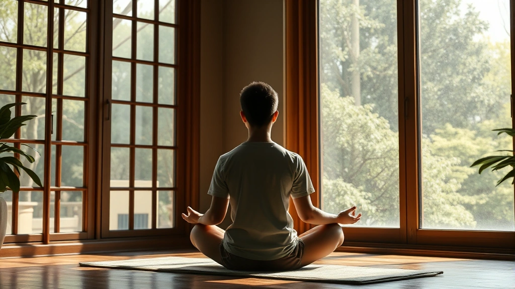 Person sitting in peaceful meditation posture by window with natural light streaming in, calm serene expression, indoor zen environment, photorealistic