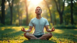 Person meditating in serene natural setting, sunlight filtering through trees, peaceful expression, sitting cross-legged on grass, eyes closed, calm atmosphere, photorealistic