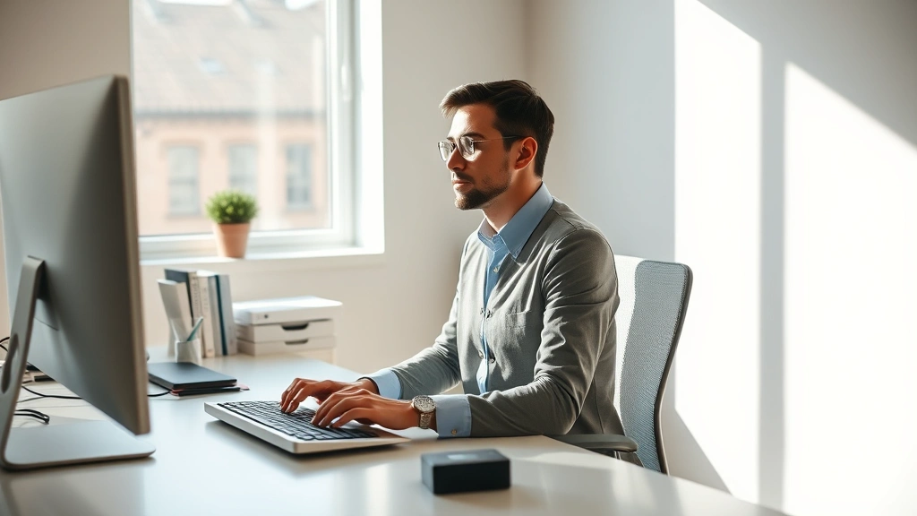 Professional sitting at minimalist desk in natural sunlight, focused expression, hands on keyboard, calm organized workspace, no screens visible, serene concentration atmosphere