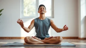 Person meditating in serene indoor environment with natural light, eyes closed, peaceful facial expression, sitting cross-legged on cushion, minimalist background, photorealistic