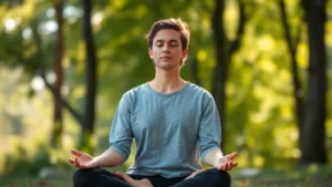 Person sitting in meditation posture in peaceful natural environment with soft sunlight filtering through trees, calm facial expression, serene outdoor setting with blurred green foliage background