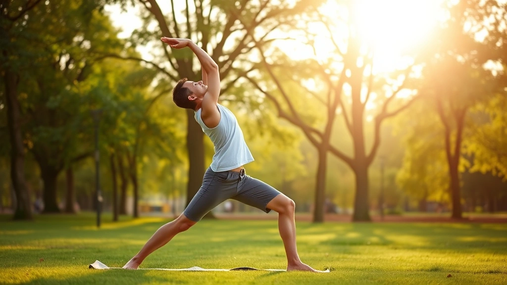 Person doing yoga or stretching outdoors in park setting, morning light, trees in background, dynamic movement pose showing energy and vitality, natural green environment, peaceful physical activity, improving circulation and mental clarity